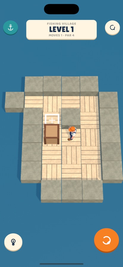 Level 1, Fishing Village: a small pier with one crate, one delivery mark and the dockhand, with the undo and hint buttons below