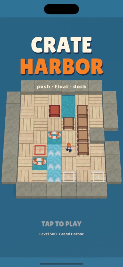 Title screen: the words Crate Harbor over a wooden pier with crates, a channel of blue water, life-ring buoys and a dockhand in an orange cap